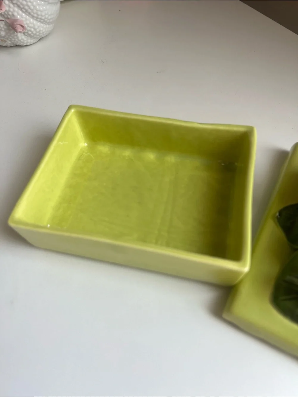 Vintage Handpainted Ceramic Rose Trinket Box on Green Base